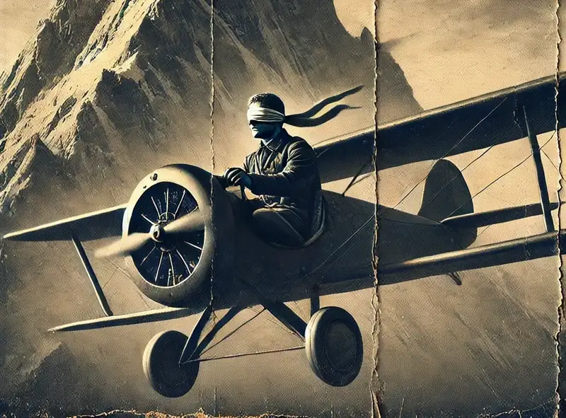 A man flying a plane blindfolded. 